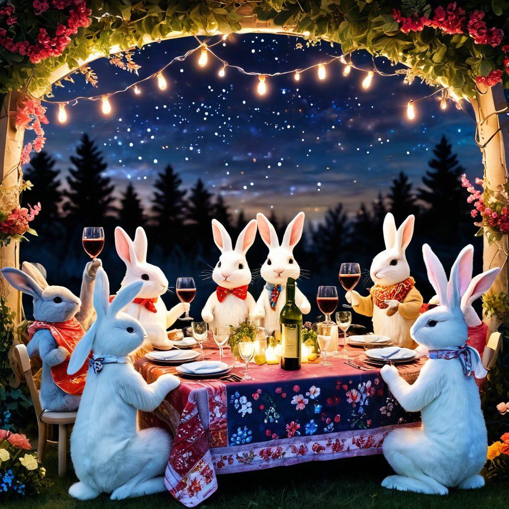 A whimsical night out scene featuring adorable bunnies gathering around a beautifully set table filled with various wine bottles and glasses, soft fairy lights twinkling above, surrounded by colorful flowers and cozy blankets. The bunnies are playfully toasting with wine glasses, exuding a joyful and celebratory atmosphere. The sky is starry, enhancing the sense of a magical night. vibrant colors. illustration. whimsical style.