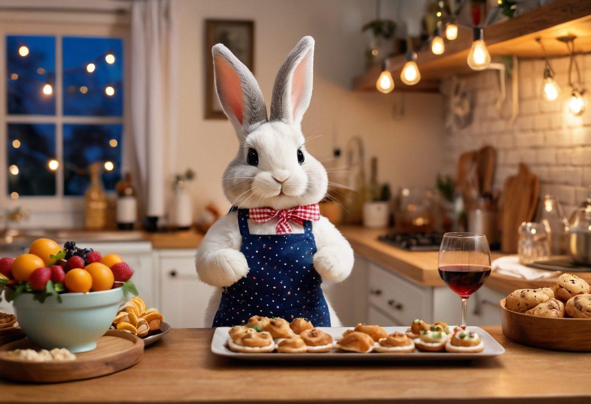 A whimsical scene featuring a cheerful bunny wearing a cute apron, playfully holding a glass of wine in one paw while cooking in a cozy kitchen. Surrounding the bunny are vibrant platters of delicious snacks and desserts, with fairy lights twinkling overhead to create a warm atmosphere. The background should suggest a ladies' night gathering with soft pillows and a laid-back vibe. bright colors, cartoonish style, inviting and cozy ambiance.